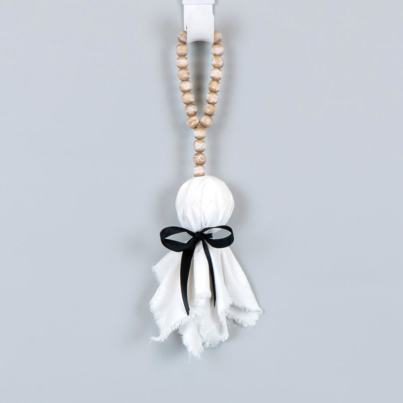 2" X 12.75" X 2" Wood Bead Ornament (Ghost) White/Natural/Black
