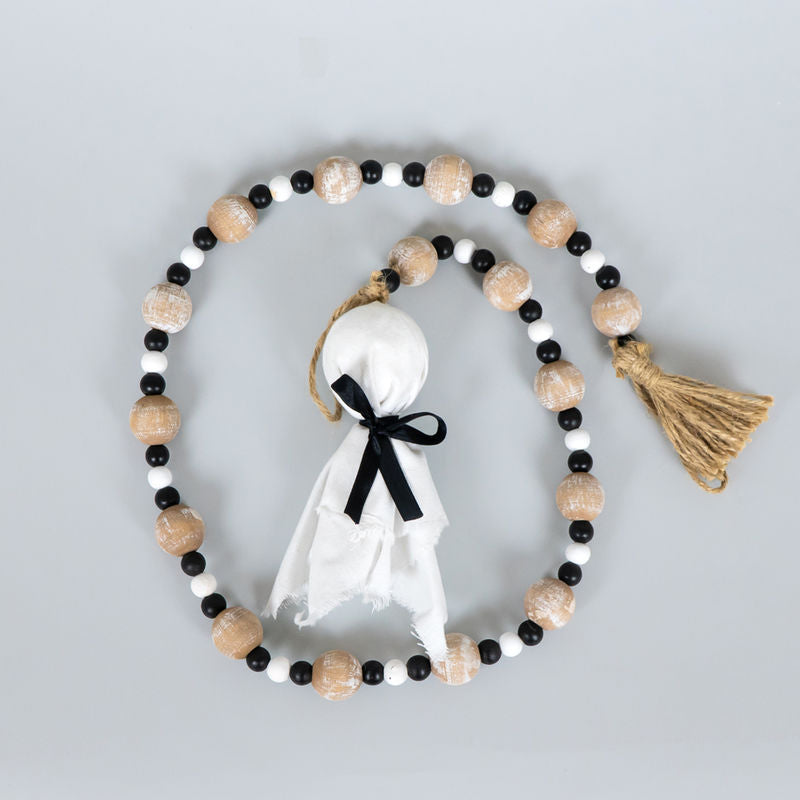 35" X 6.25" X 2" Wood Bead Garland With Tassels (Ghost) White/Black/Natural