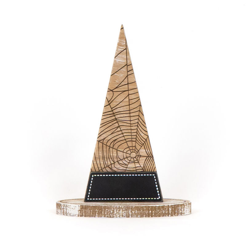 6.75" X 9.5" X 2.25" Wood Witch Hat (Webs) White/Natural/Black