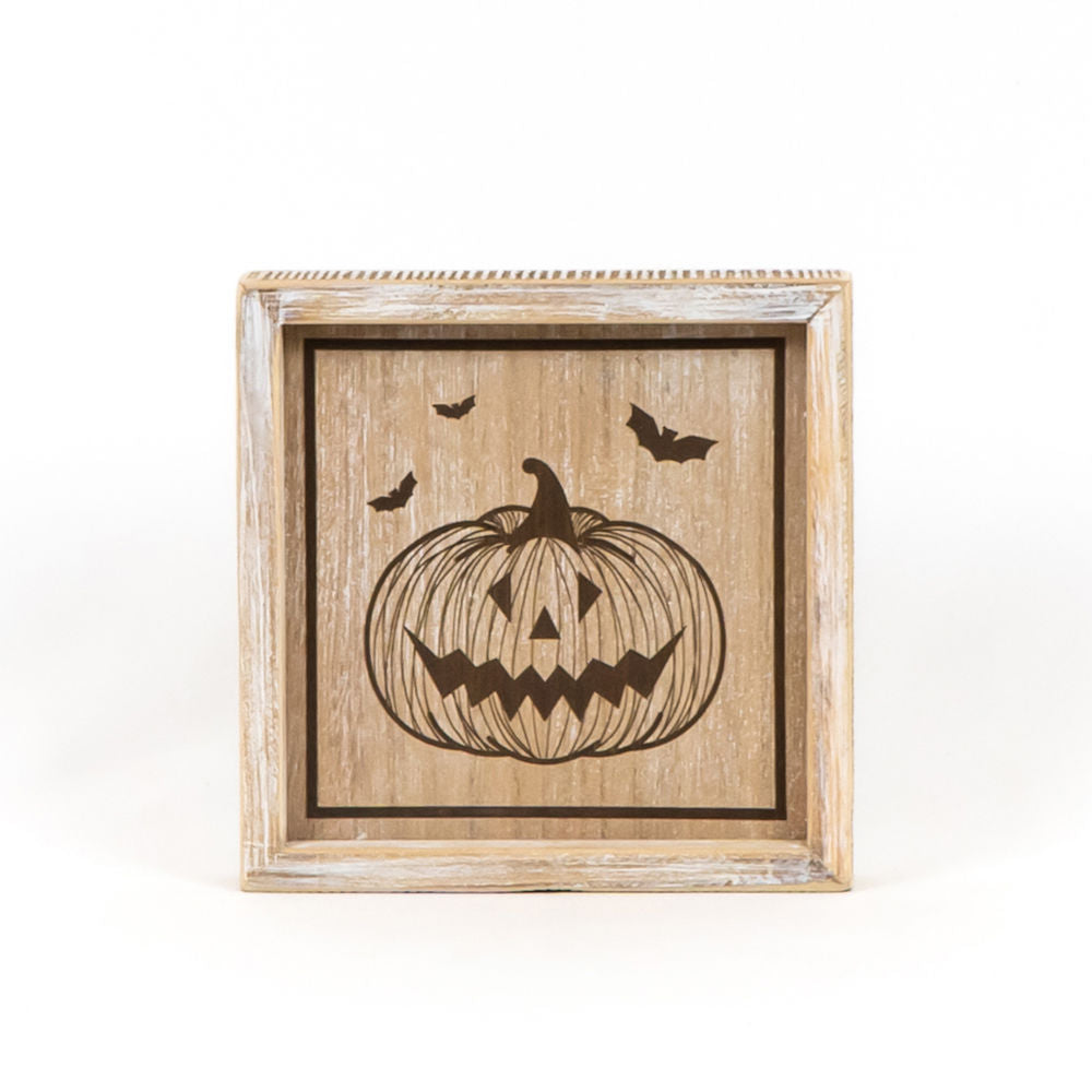8" Reversible Wood Frame Sign - Leaf and Jack O Lantern | Natural, White and Black