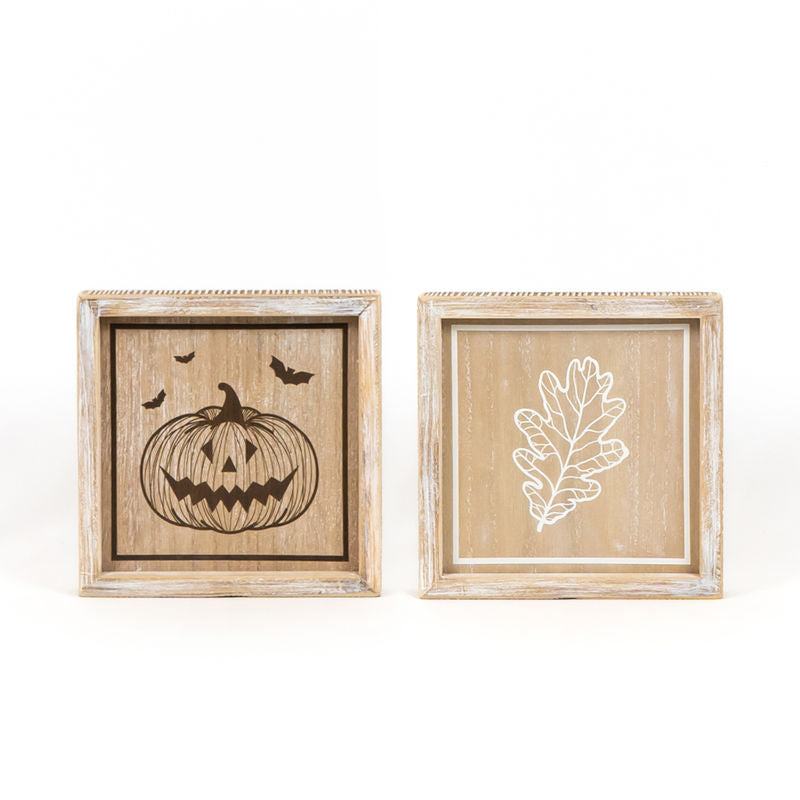8" X 8" X 1.5" Reversible Wood Framed Sign (Leaf/Jack O Lantern) Natural/White/Black