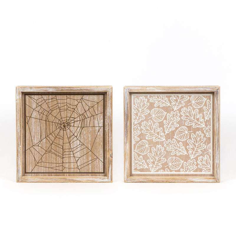 10.25" X 10.25" X 1.5" Reversible Wood Framed Sign (Web/Leaves) Natural/White/Black