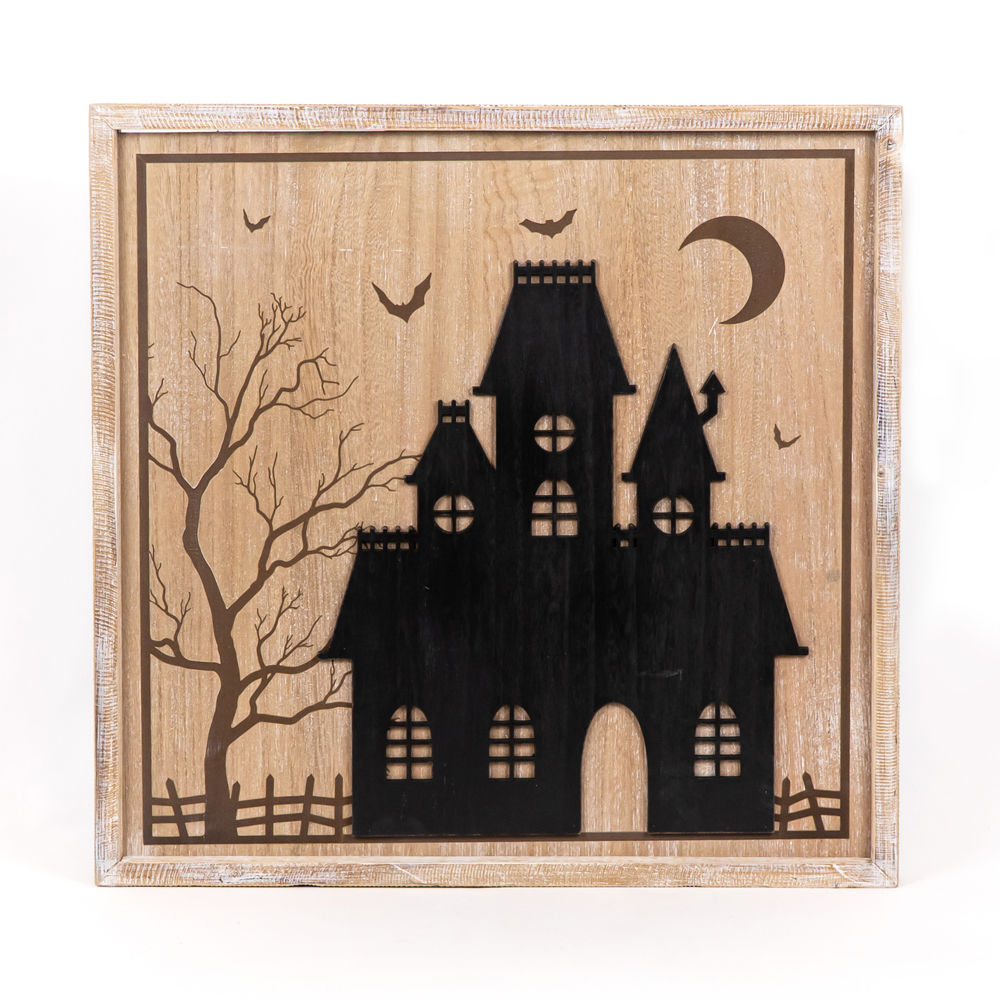25" Reversible Wood Frame Sign - Haunted/Castle | Natural, White and Black
