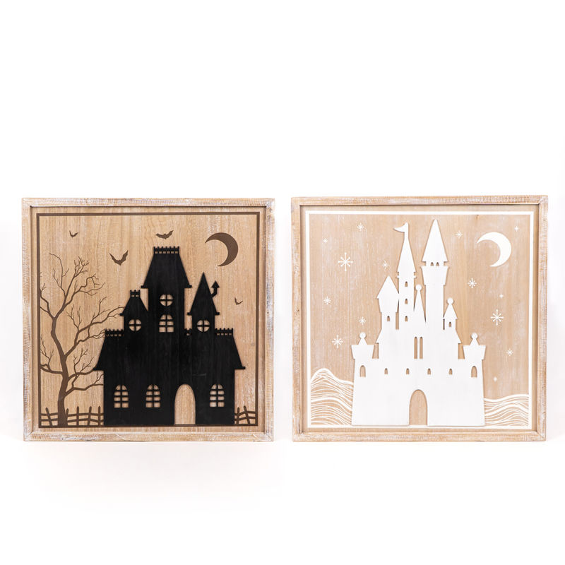 24.5" X 24.5" X 1.5" Reversible Wood Framed Sign (Haunted/Castle) Natural/White/Black