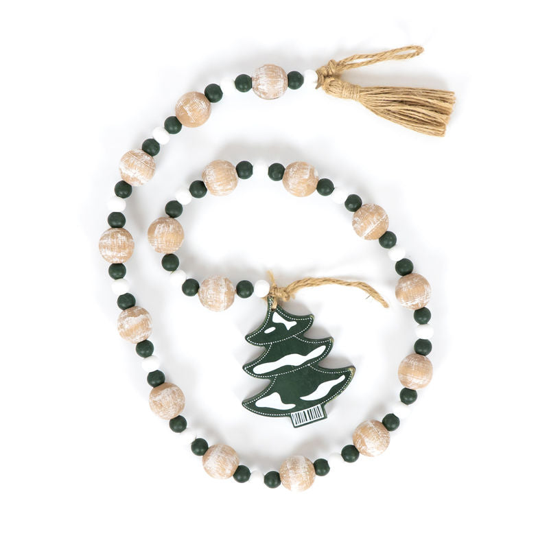 35" X 3.5" X 1" Wood Bead Garland With Tassels (Tree) White/Green/Natural