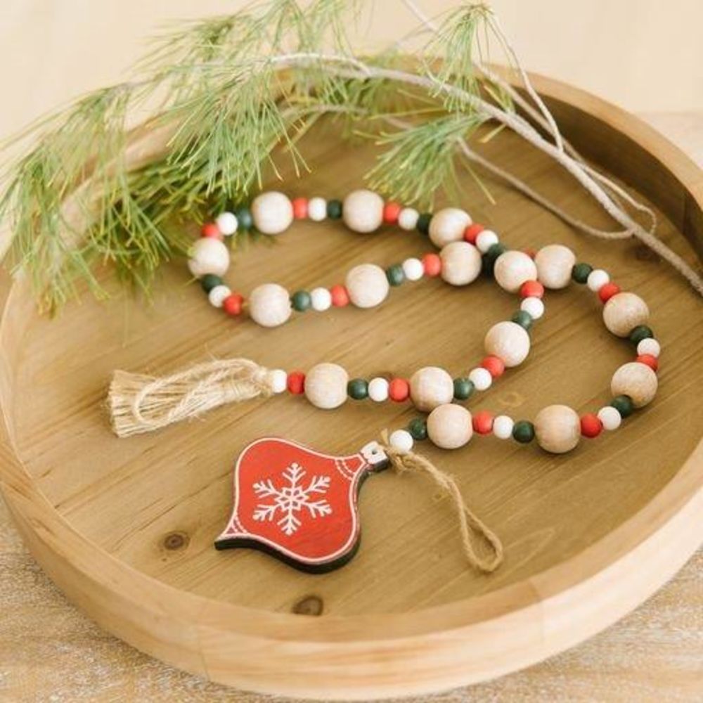 35" Wood Bead Garland with Tassels - Ornament | Green and Red
