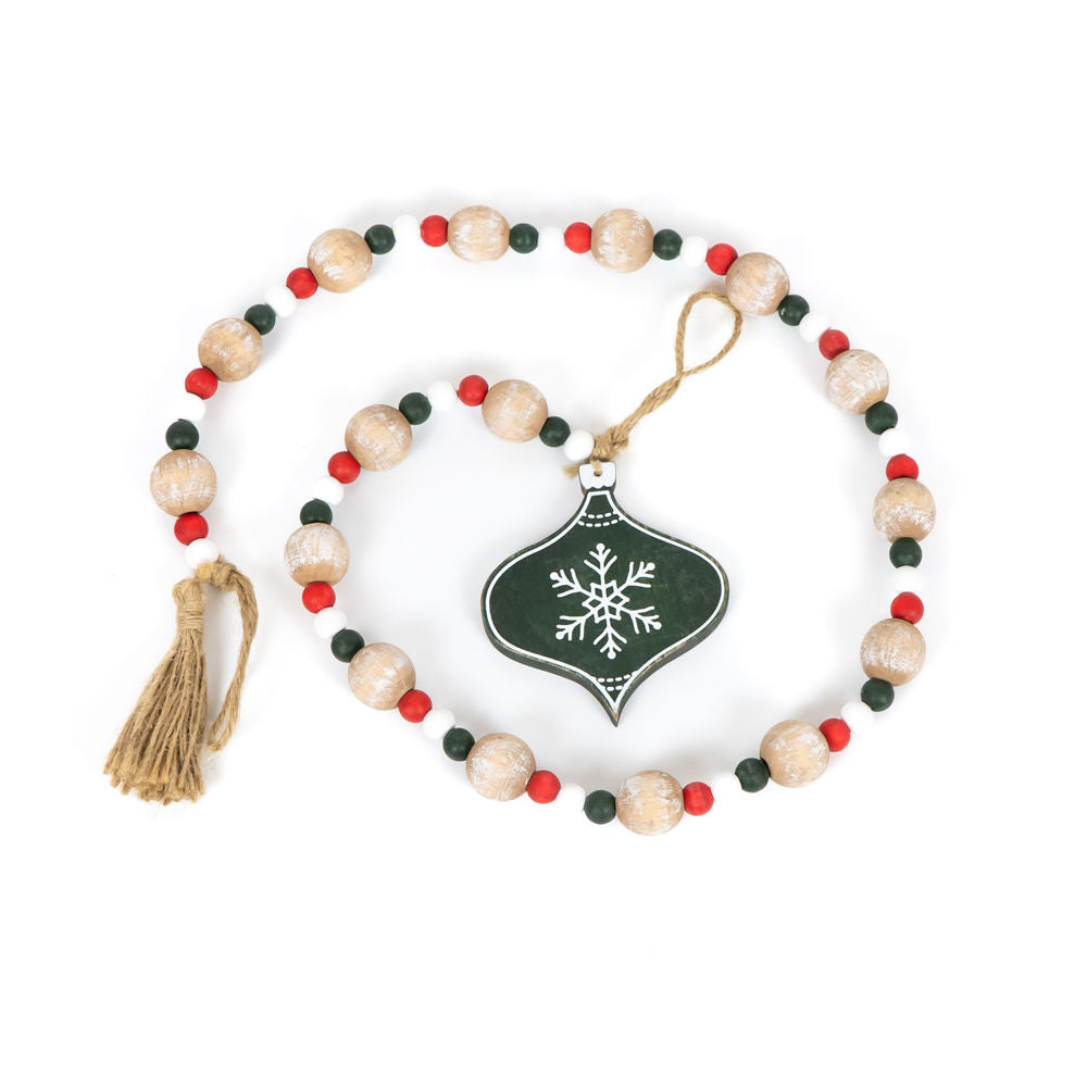 35" Wood Bead Garland with Tassels - Ornament | Green and Red