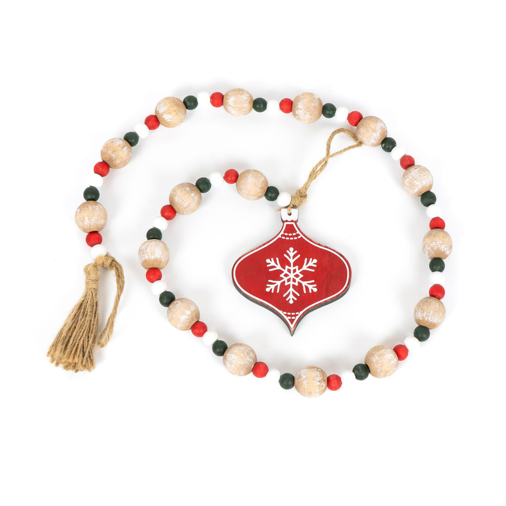 35" Wood Bead Garland with Tassels - Ornament | Green and Red
