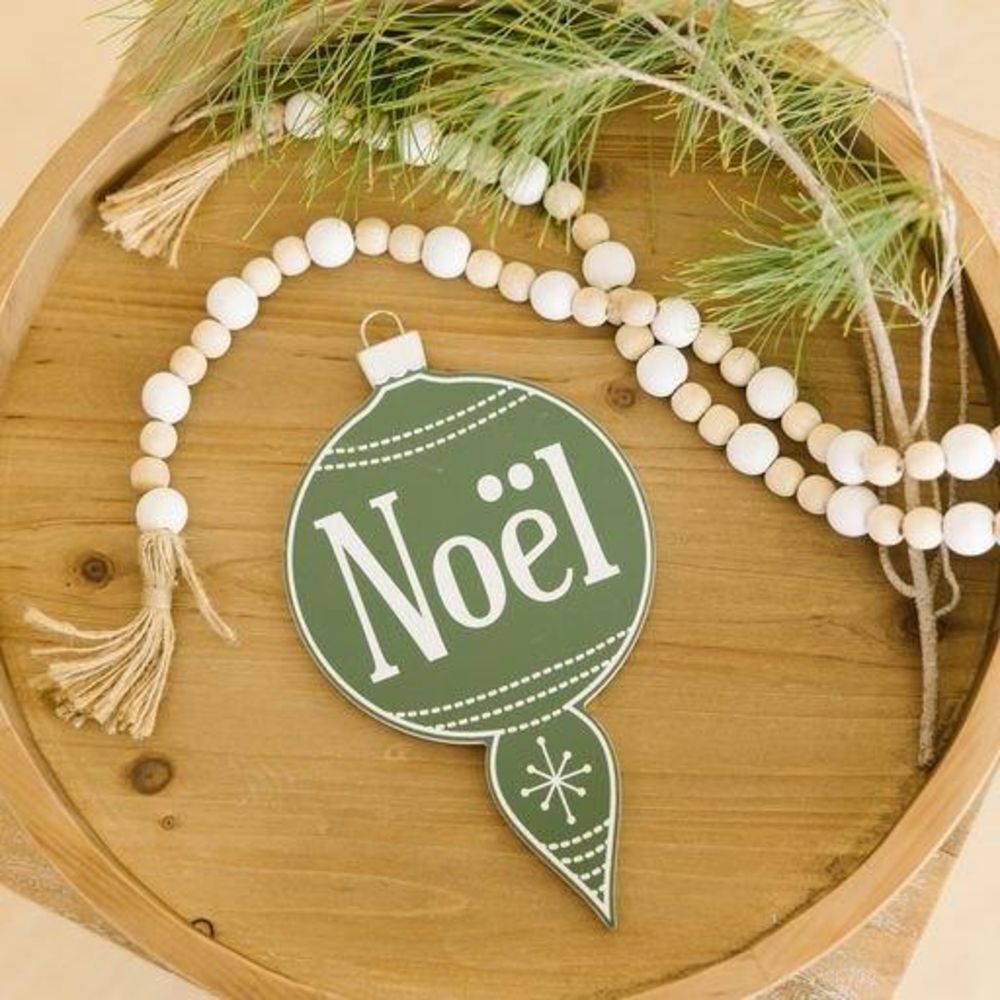 10" Wood Ornament - Noel | White and Green