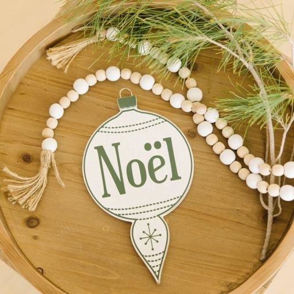 10" Wood Ornament - Noel | White and Green
