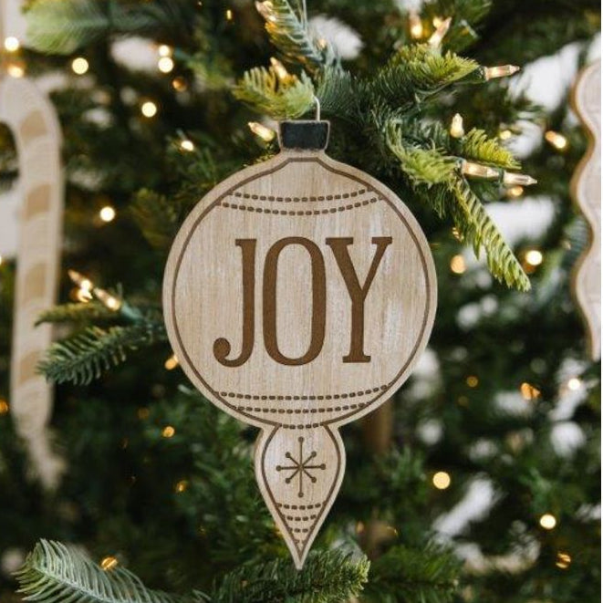10" Reversible Wood Ornament - Joy | Natural and White/Brown