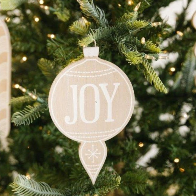 10" Reversible Wood Ornament - Joy | Natural and White/Brown
