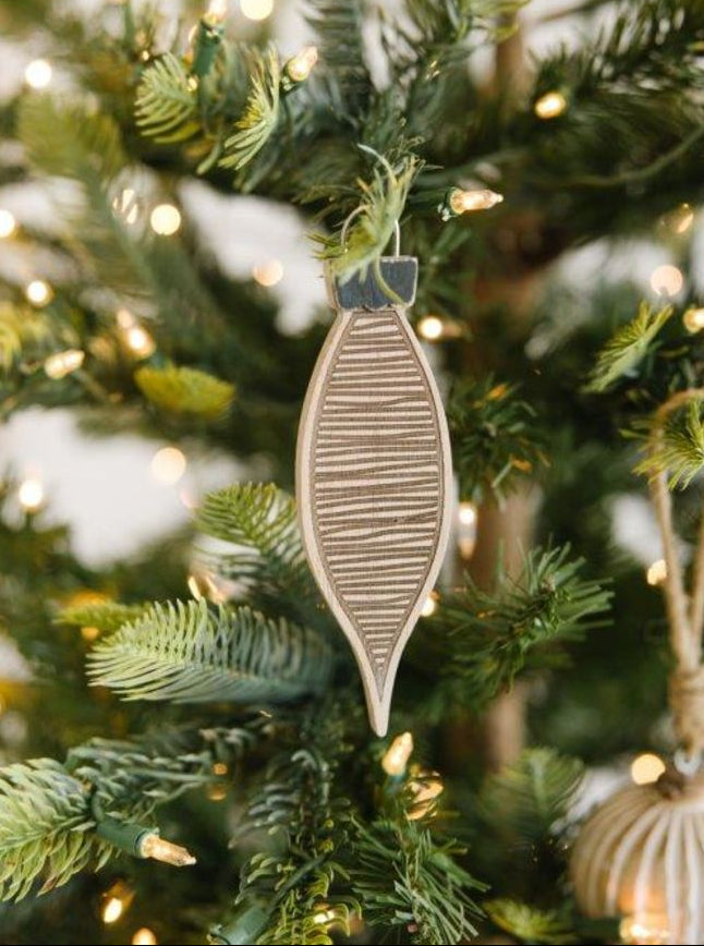 6" Wood Egg Ornament - Striped | Natural/White/Black