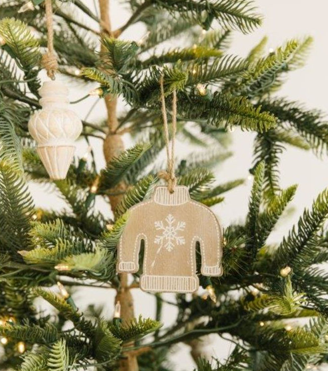4" Wood Ornament - Sweater | Natural, White and Black