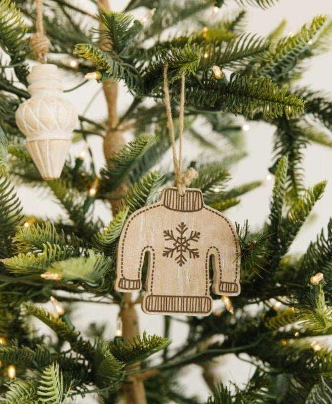 4" Wood Ornament - Sweater | Natural, White and Black