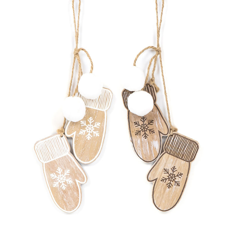 5" X 11" X 1.25" Hang Wood Ornament (Mittens) Natural/White/Black