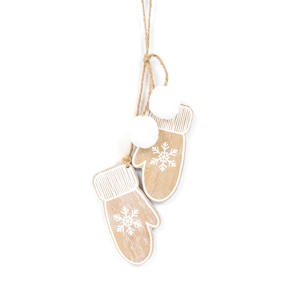 11" Reversible Hanging Wood Ornament - Mittens | Natural, White and Black
