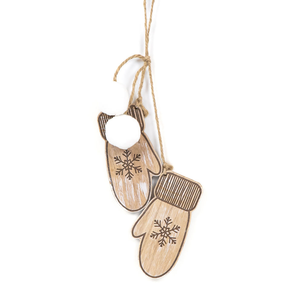 11" Reversible Hanging Wood Ornament - Mittens | Natural, White and Black