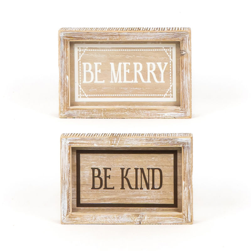 7" X 4.75" X 1.5" Reversible Wood Framed Sign (Merry/Kind) Natural/White/Black