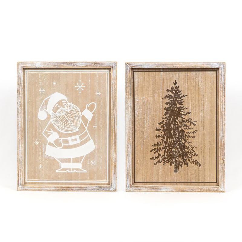 13" X 17" X 1.5" Reversible Wood Framed Sign (Santa/Tree) Natural/White/Black
