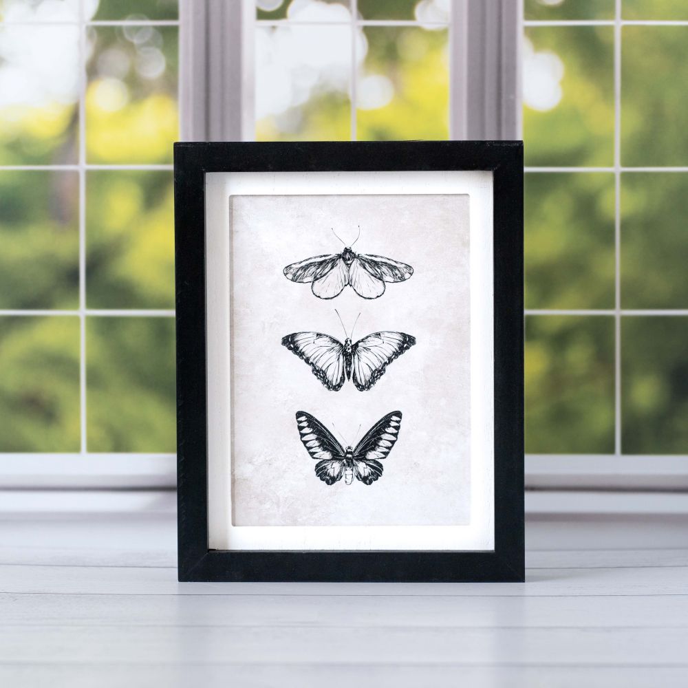 10" x 12" Reversible Wood Framed Sign - Butterfly/Abstract | Black, White and Brown
