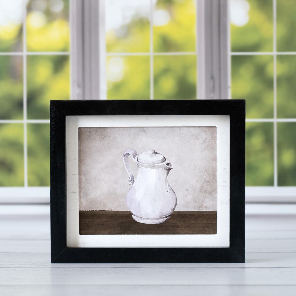 10" x 8" Reversible Wood Frame Sign - Tea Pot/Basket | Black, White and Brown