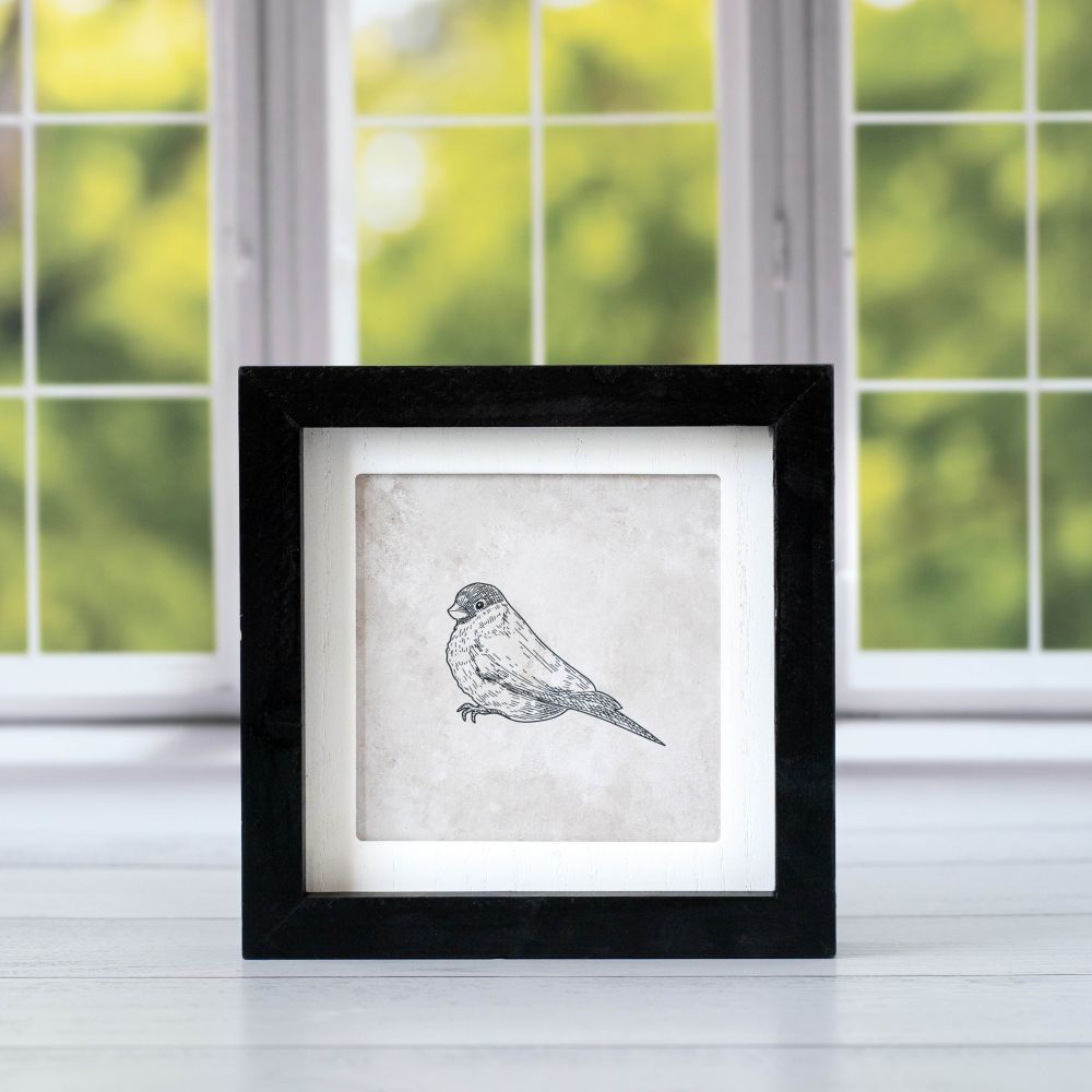7" Reversible Wood Framed Sign - Woman and Bird | Black, White and Brown