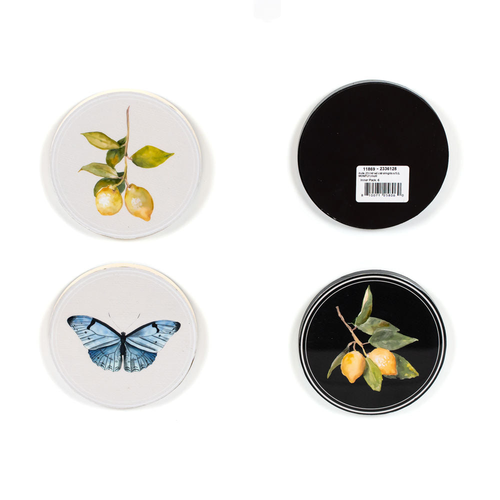 4" Round Wood Coaster & Magnet Set - Lemon and Fly (Set of 4)
