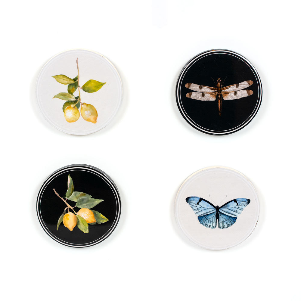 4" X 4" X .25" Round Wood Coasters/Magnets Set of Four (Lemon/Butterfly) Multicolor