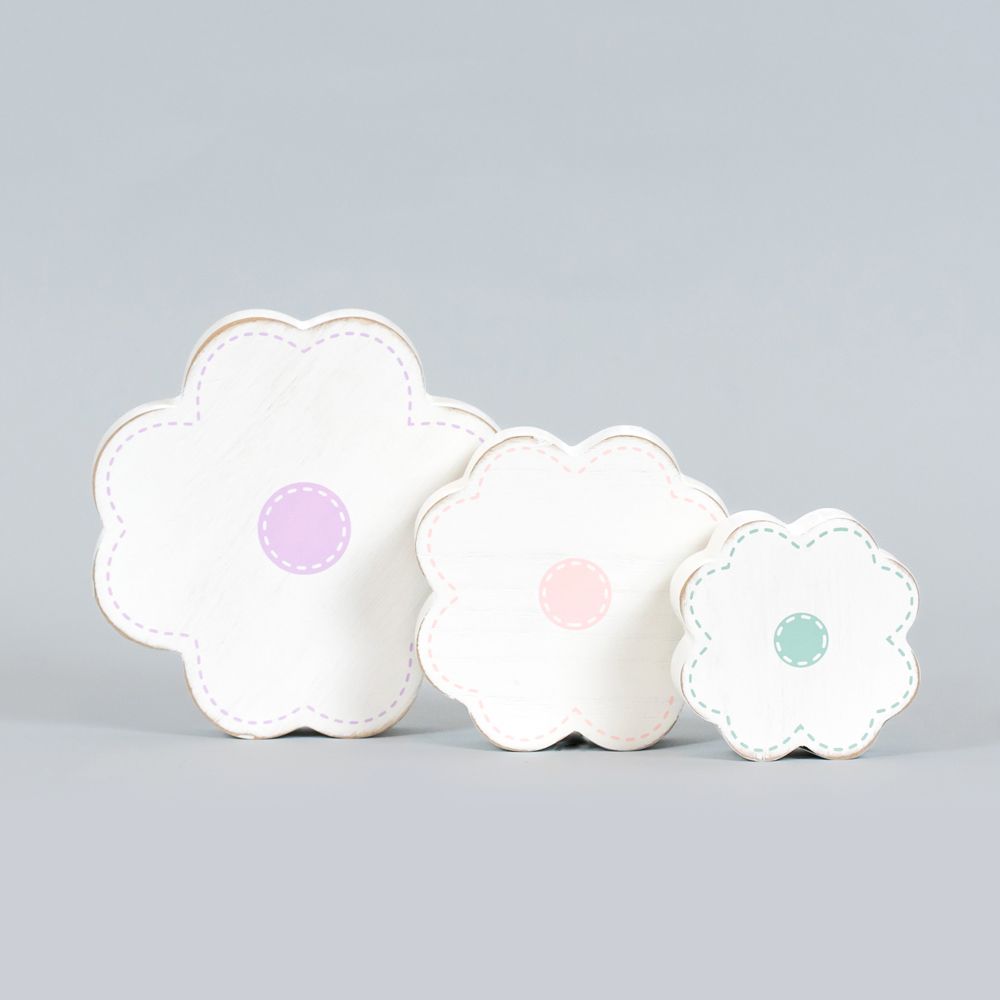 Set of 3 Wood Cutout Shapes — Flower | Purple, Pink and White | Sizes 3x3, 4x4 and 5x5