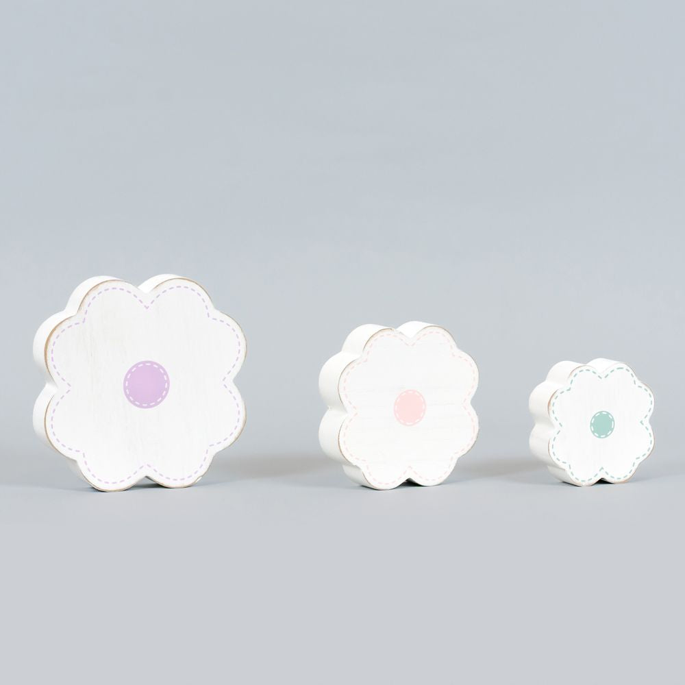 Set of 3 Wood Cutout Shapes — Flower | Purple, Pink and White | Sizes 3x3, 4x4 and 5x5