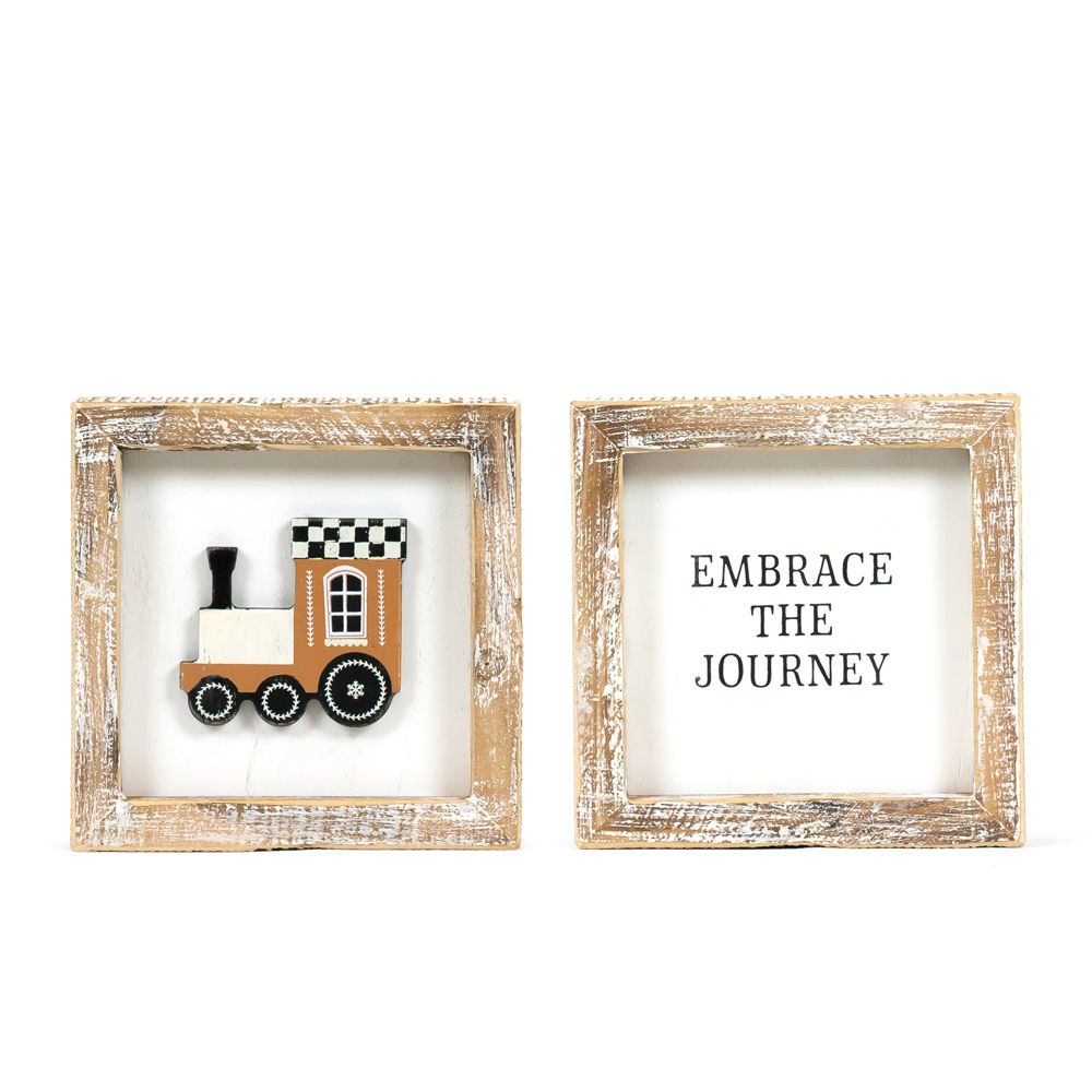 Reversible wood framed sign featuring train and journey styled on a shelf or console table.