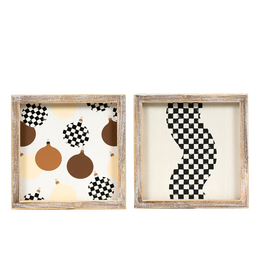 Reversible wood framed sign featuring balls and squiggle styled on a shelf or console table.