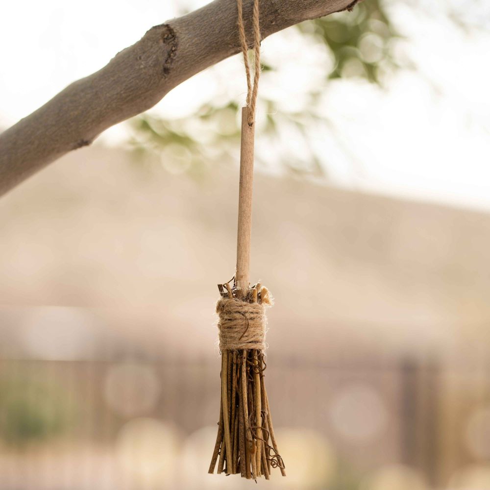 6" Hanging Wood Broom - Brown and Natural