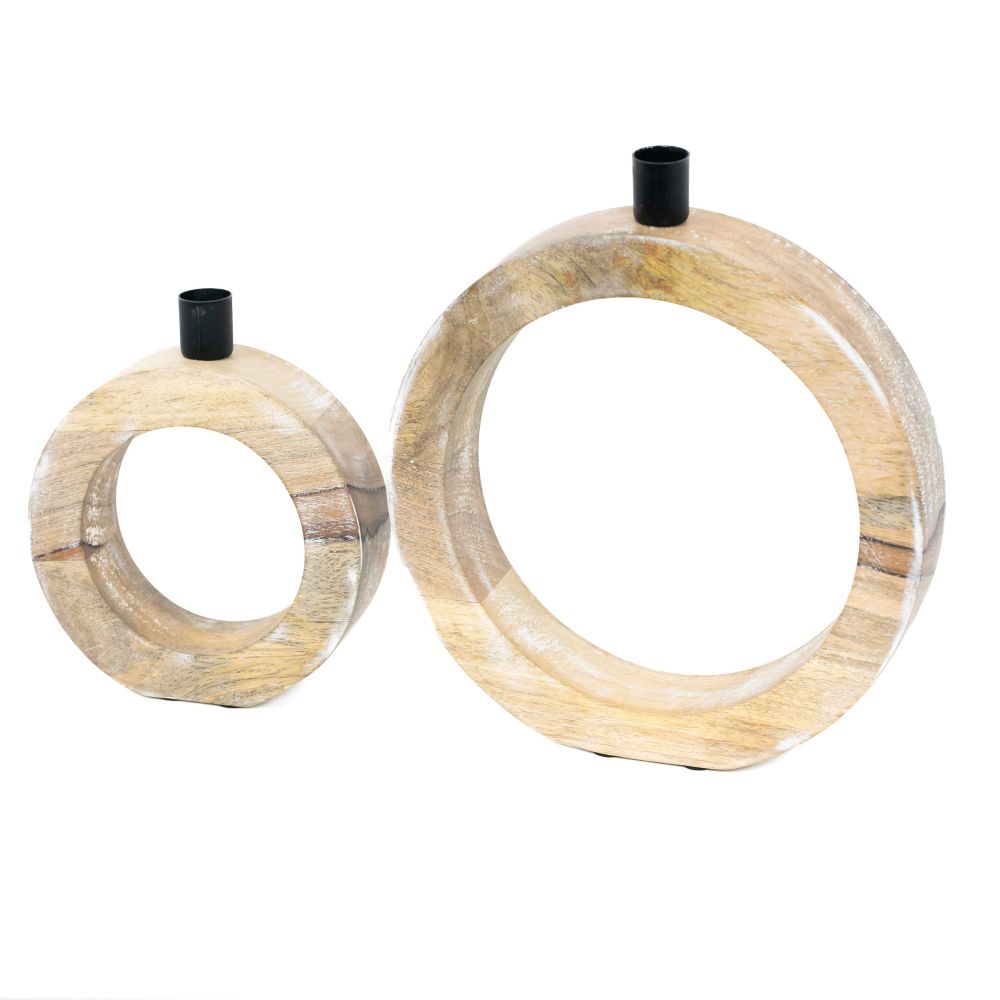 Mango Wood Nested Round Candle Holders - Natural and Black (Set of 2)