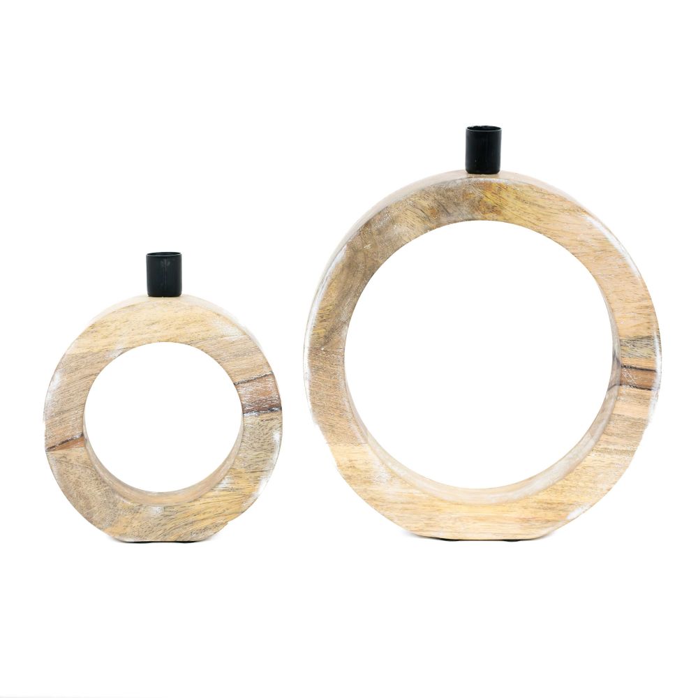 Mango Wood Nested Round Candle Holders - Natural and Black (Set of 2)