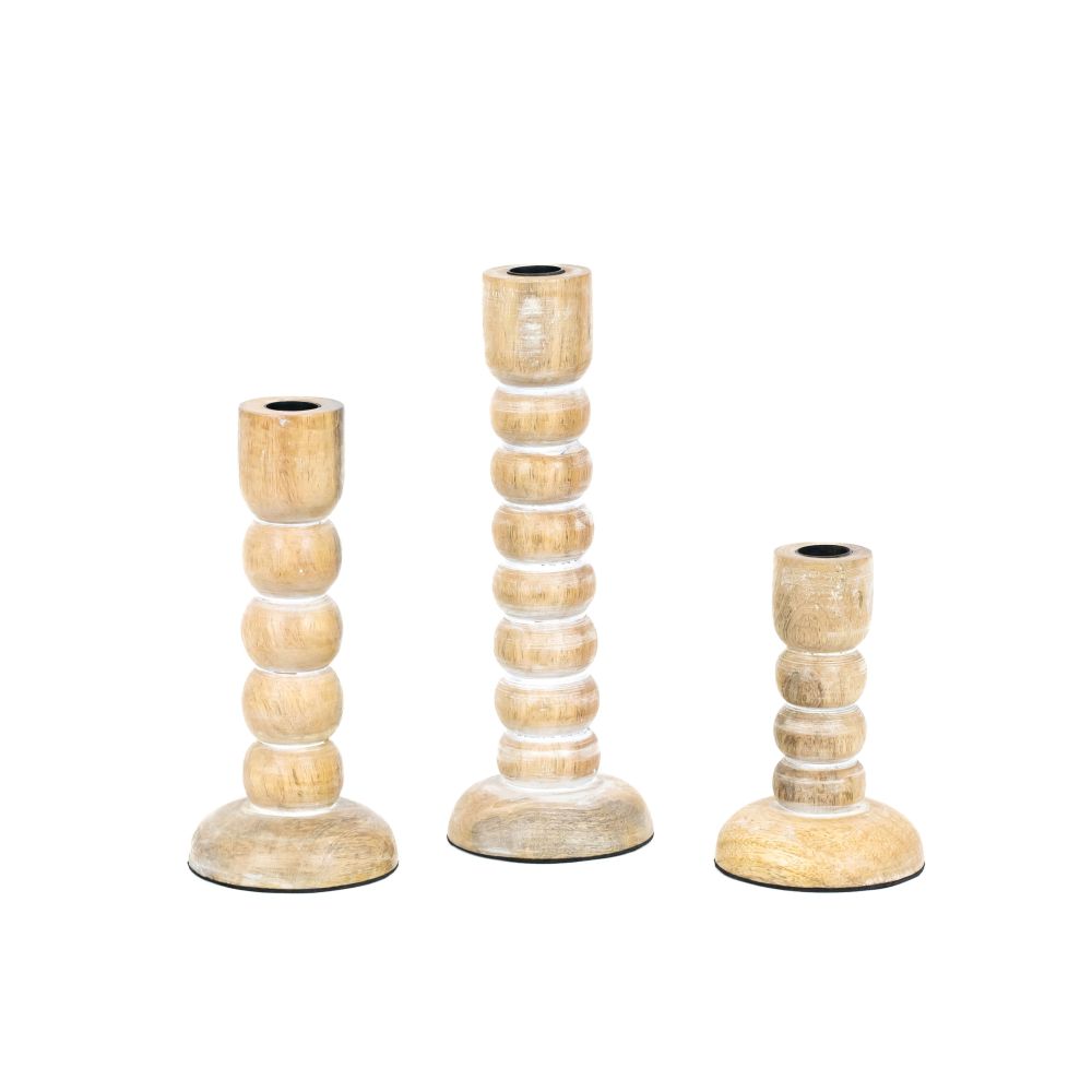 Mango Wood Candle Holder Set - Natural and White (Set of 3)