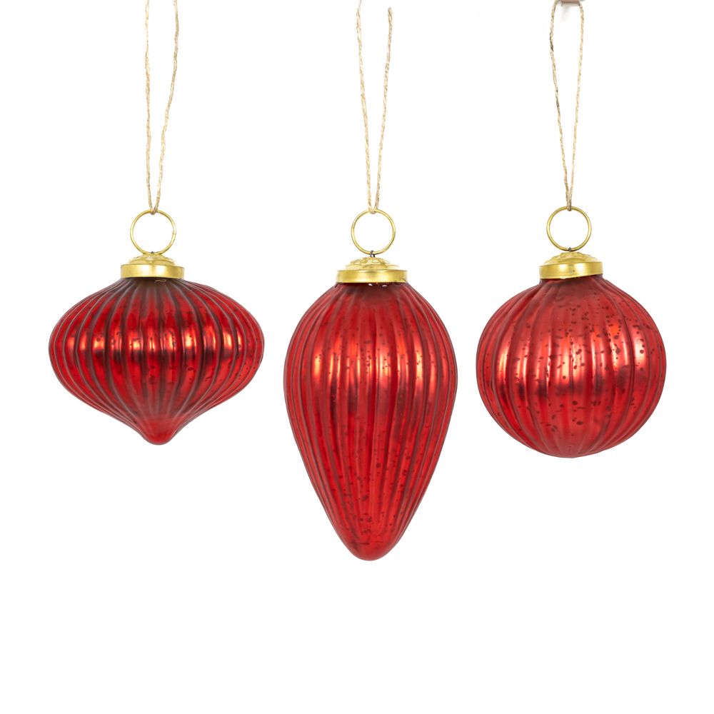 3 Glass Ornament Set - Red | (Set of 3)