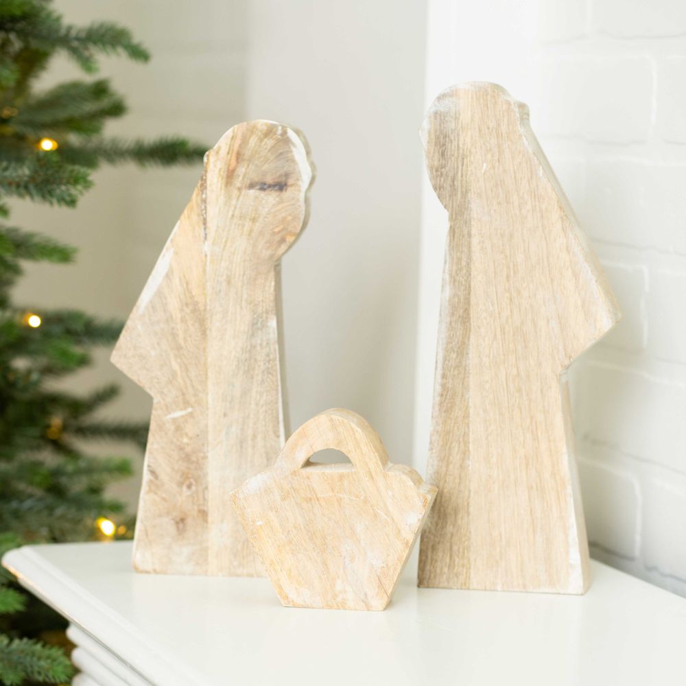 12" Mango Wood Cutout Nativity Set - Natural and White (Set of 3) | Sundara Collection