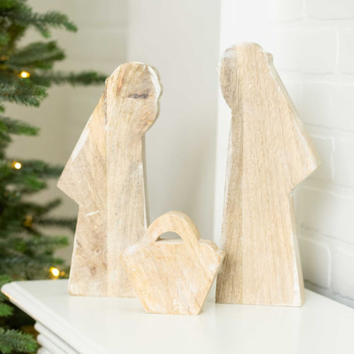 12" Mango Wood Cutout Nativity Set - Natural and White (Set of 3)