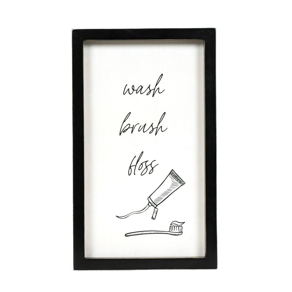 7" x 12" Reversible Wood Frame Sign - Wash Brush Floss/Comb | Washroom Collection