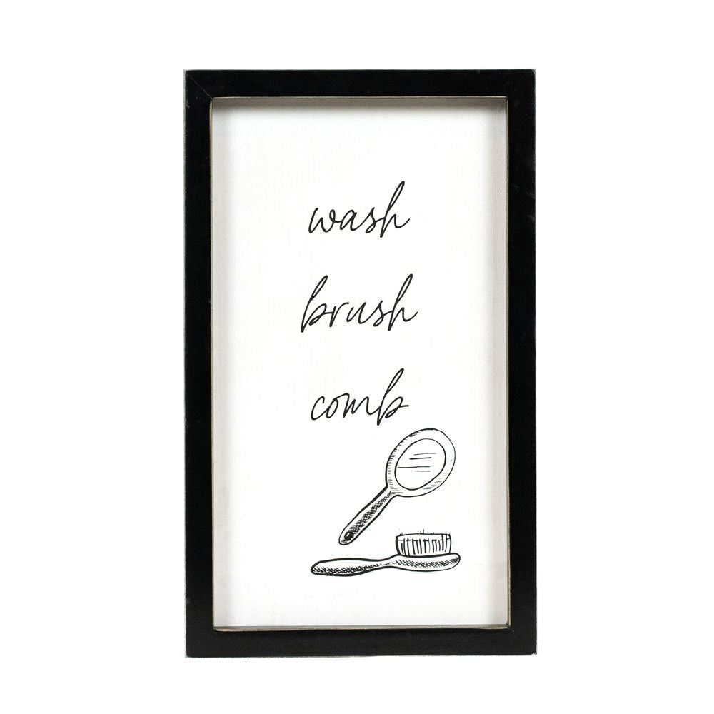 7" x 12" Reversible Wood Frame Sign - Wash Brush Floss/Comb | Washroom Collection