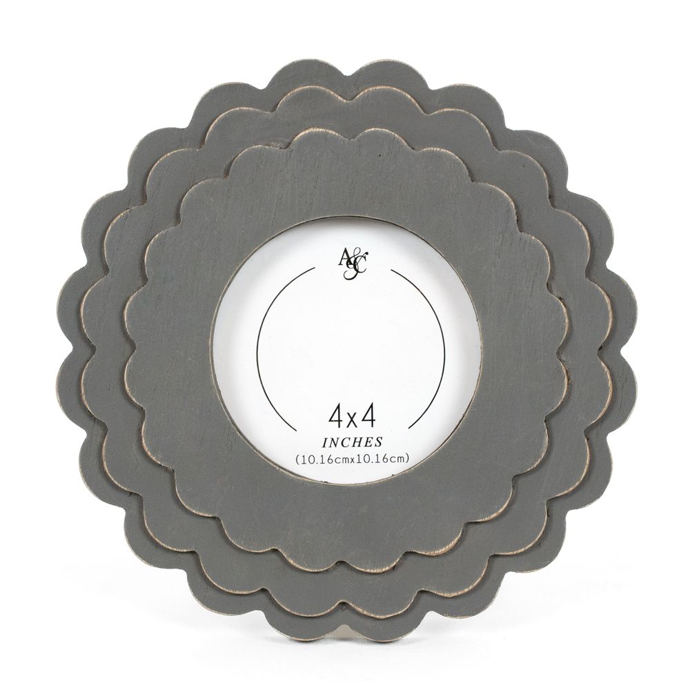 8" Round Wood Scallop Photo Frame - Gray | Scallop Collection | Holds 4x4 Photo