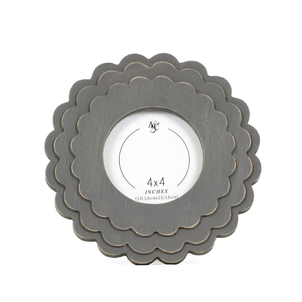 8" Round Wood Scallop Photo Frame - Gray | Scallop Collection | Holds 4x4 Photo