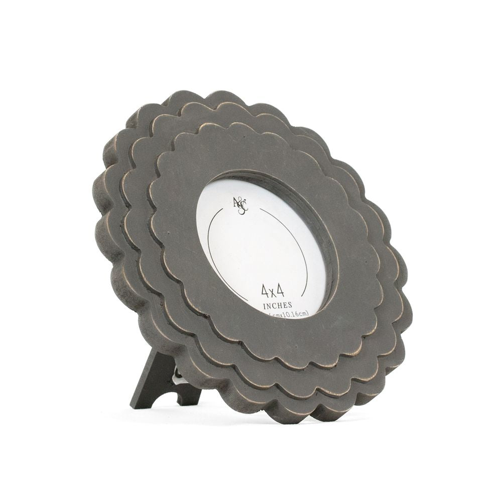 8" Round Wood Scallop Photo Frame - Gray | Scallop Collection | Holds 4x4 Photo