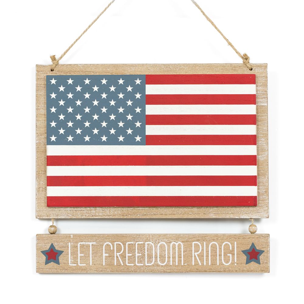 12" x 10" Reversible Hanging Wood Sign - Let Freedom Ring and Hello Summer | Multicolor