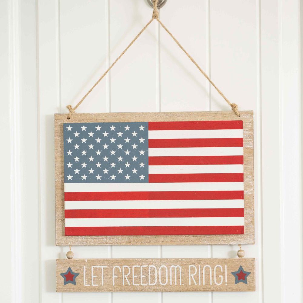 12" x 10" Reversible Hanging Wood Sign - Let Freedom Ring and Hello Summer | Multicolor