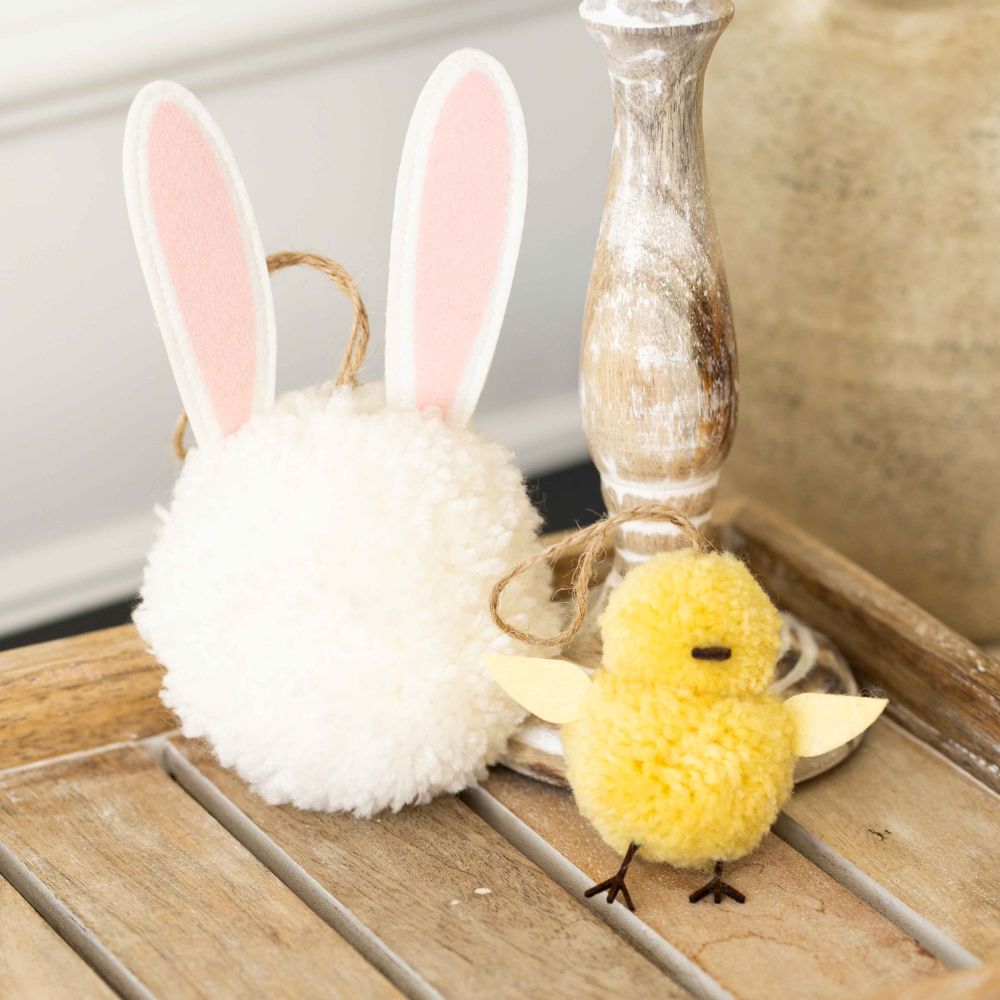 Pom Pom Ornament Set - Bunny & Chick | Multicolor | Bunnies & Blooms Collection (Set of 2) | 2" and 4"