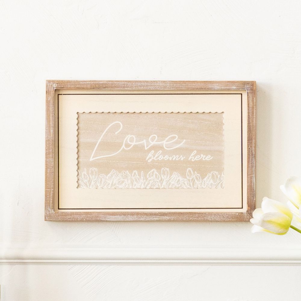 18" x 12" Reversible Wood Frame Sign - Love Blooms Here/Bless Our Home | Multicolor | Bunnies and Blooms Collection