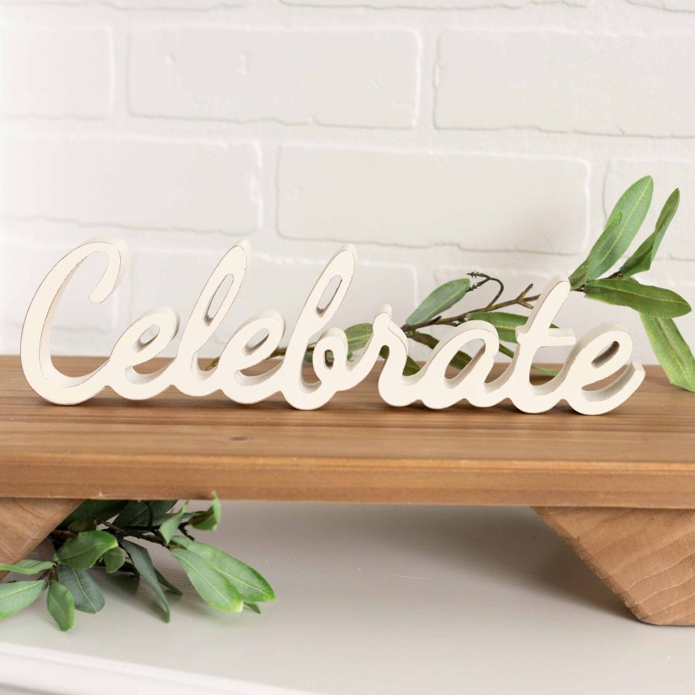12" Wood Cutout - Celebrate | White
